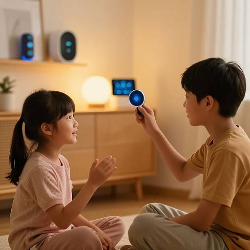 Photograph of an Asian boy and girl sitting on a carpet, boy holding a blue flashlight, smiling, in a warmly lit living room with wooden furniture