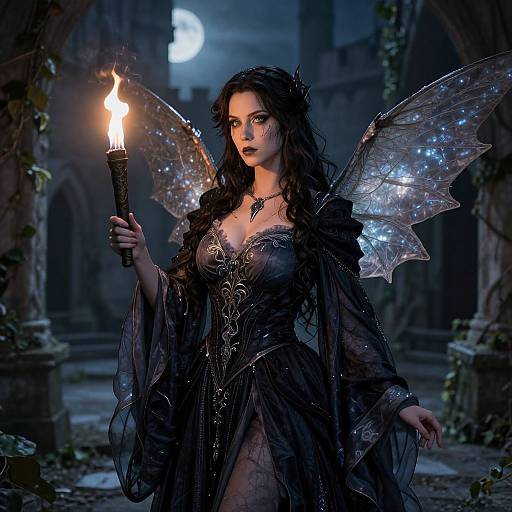 Digital fantasy artwork of a dark-haired fairy with glowing wings, holding a torch, wearing a black, lace-embellished dress, in a moon