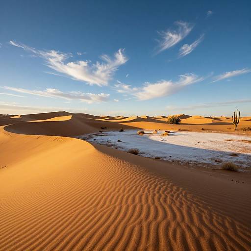 Photograph of a sunlit desert landscape with golden sand dunes, rippled textures, a small patch of snow, sparse cacti, and