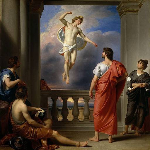 Renaissance painting of five muscular, classical figures gazing at a nude, winged, ethereal male with a circular halo, floating above a