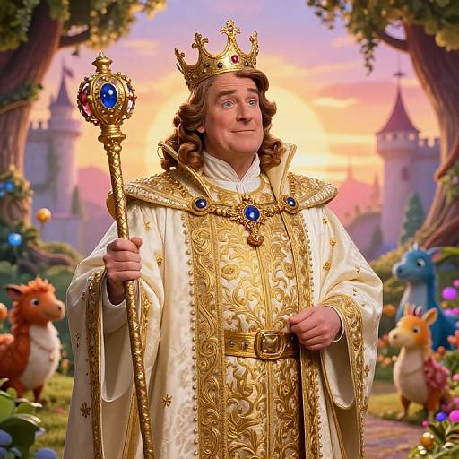 Photorealistic digital illustration of a crowned, curly-haired king in ornate gold and white robes holding a jeweled staff, surrounded by colorful, animated
