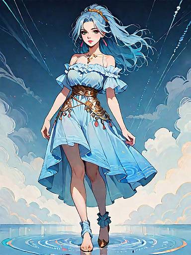 Fantasy Girl in Blue Breezy Dress at Night