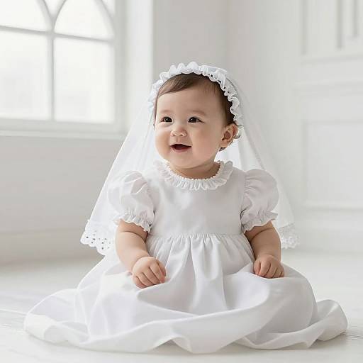 Photograph of a smiling baby girl in a white, lace-trimmed dress and veil, sitting on a bright white floor with sunlight streaming through a