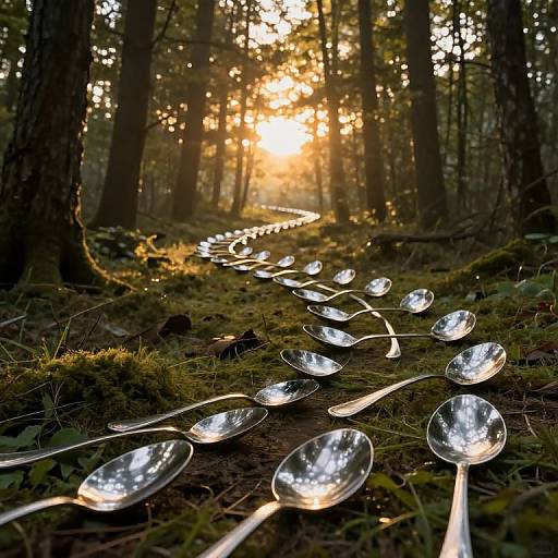 Photograph of a forest at sunset, with a row of shiny silver spoons lying on moss-covered ground, reflecting sunlight.