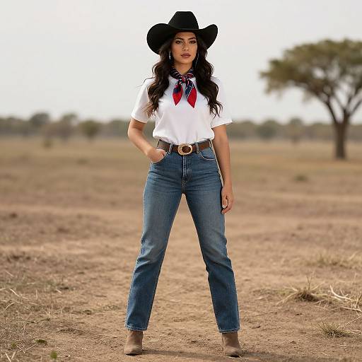 Photograph of an Asian woman with long black hair, wearing a black cowboy hat, white shirt, red bandana, blue jeans, and brown boots