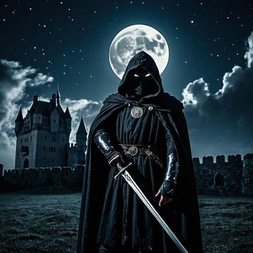 Medieval Knight with Sword Under Full Moon