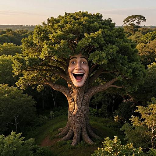 Photograph of a whimsical, cartoon-like tree with a large, happy, smiling face and wide eyes, set in a lush, sunlit forest