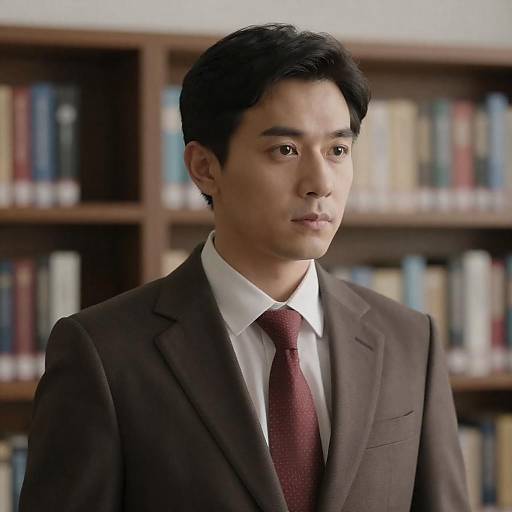 Serious Man in Brown Suit at Library