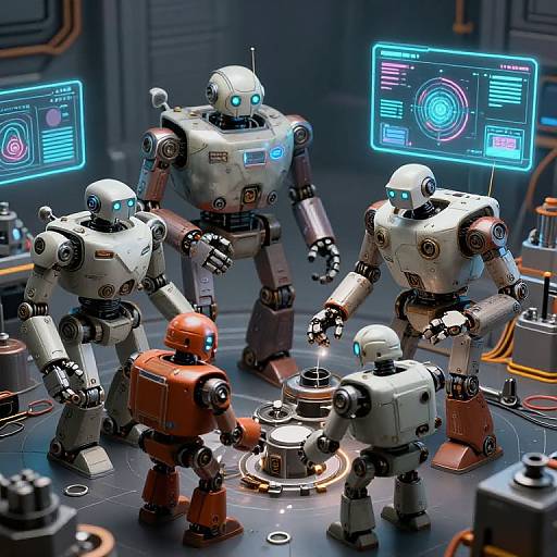 Photorealistic CGI of five futuristic robots with glowing blue eyes and illuminated screens in a high-tech lab, surrounded by holographic displays.