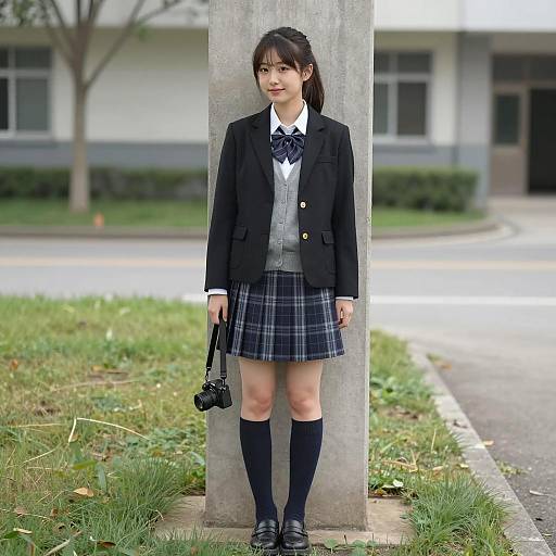 Asian schoolgirl in uniform with camera outdoors