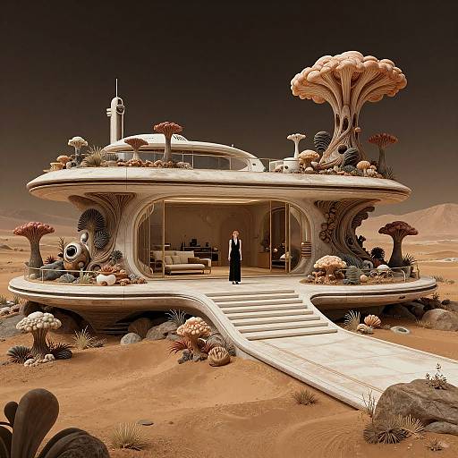 Surreal digital art: Futuristic, organic spaceship house on desert planet, with a man in black suit standing on white stairs, surrounded by bizarre