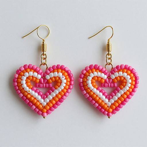 Photograph of vibrant, beaded heart-shaped earrings with pink, orange, and white beads, hanging from gold hooks on a white background.