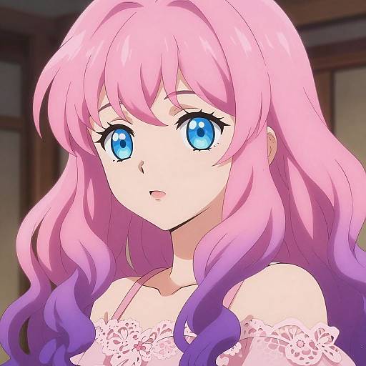 Anime-style digital drawing of a girl with long pink-to-purple gradient hair, large blue eyes, wearing a white lace off-shoulder top, looking