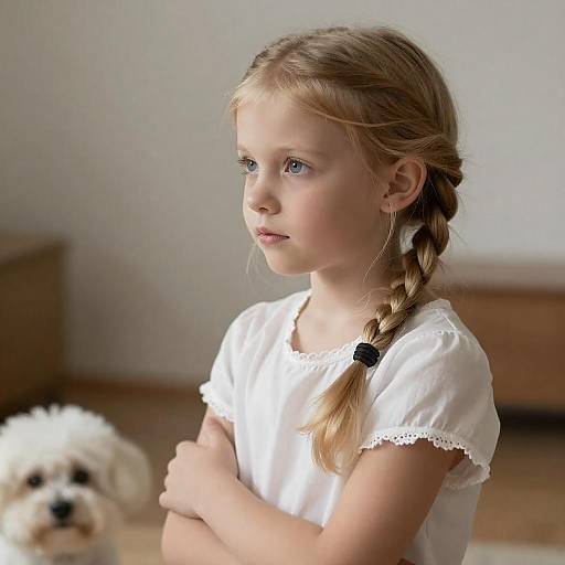 Thoughtful Blonde Girl with Fluffy Dog