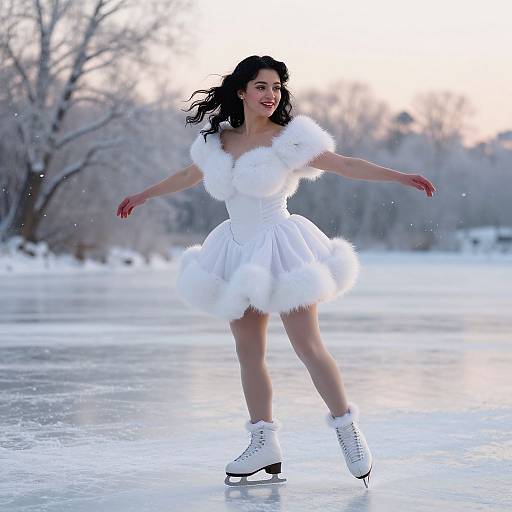 Photograph of a dark-haired woman in a white, fluffy, winter dress and ice skates, dancing on a frozen lake at sunset with snow-covered