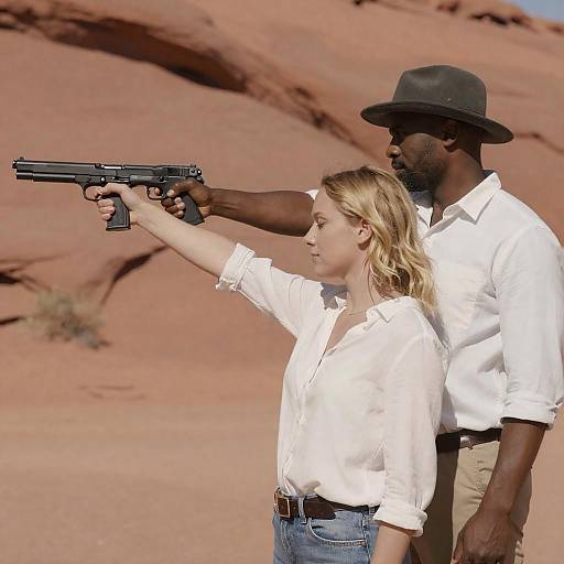 Couple aiming guns in desert