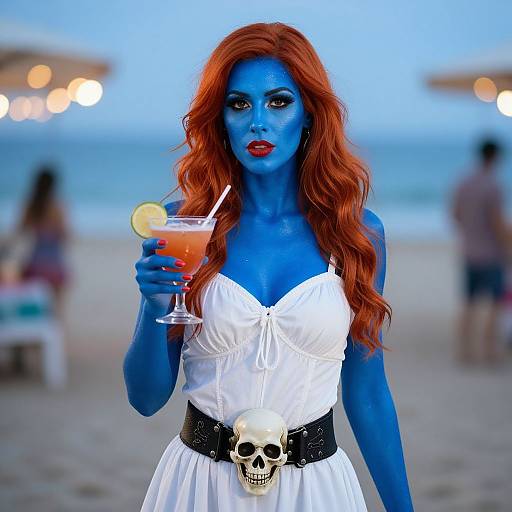 Photograph of a blue-skinned woman with red hair, wearing a white dress with a skull belt, holding a cocktail, at a beach during sunset