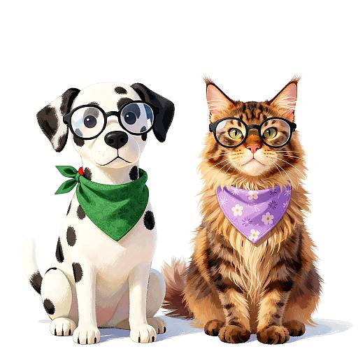 Whimsical Dalmatian and Maine Coon Duo