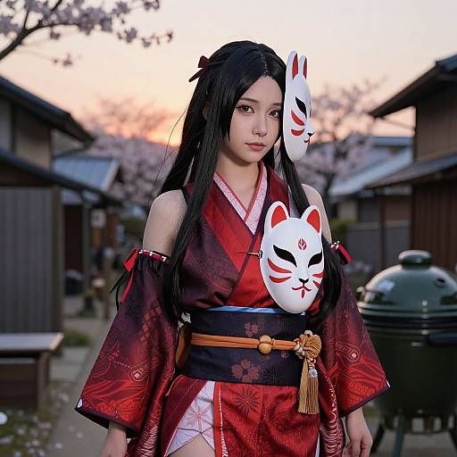 Photograph of an Asian woman in a red and black traditional Japanese kimono, wearing two white fox masks, standing in a traditional village at sunset.
