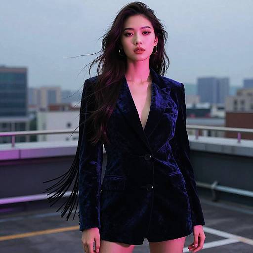 Woman in Velvet Blazer with Long Fringe Hairstyle on Rooftop
