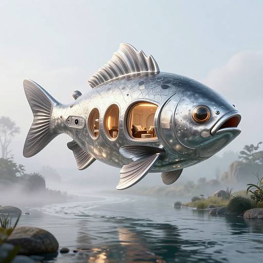 Photorealistic CGI of a metallic fish with glowing windows, floating above a misty, serene river with lush, foggy surroundings.