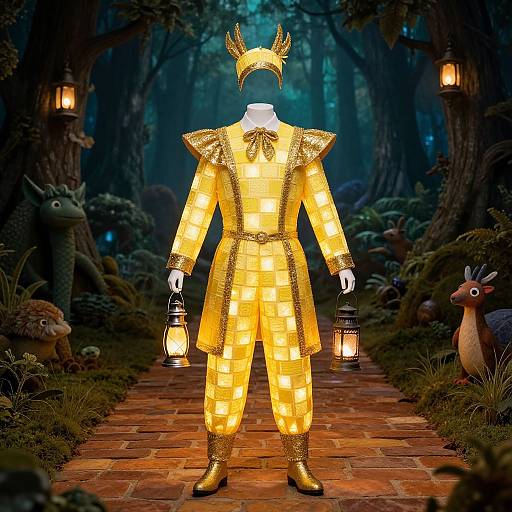 Glowing golden fairy tale outfit with antlered mask, illuminated lanterns, and forest setting; surrounded by whimsical forest creatures. Photograph.