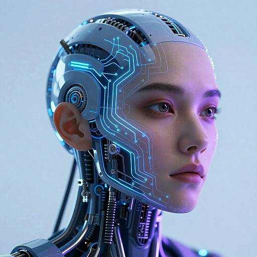 Photorealistic CGI of a young woman with a cybernetic head, featuring glowing blue circuitry patterns, against a bright blue background.
