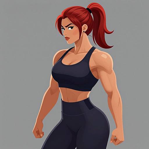 Digital drawing of a muscular, red-haired woman with a ponytail, wearing a black sports bra and high-waisted leggings, standing confidently.
