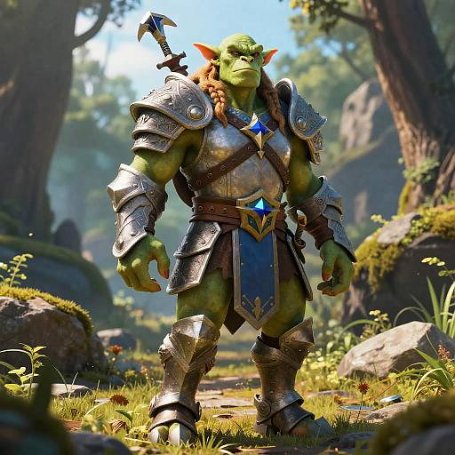CGI fantasy scene of a muscular green orc warrior in silver armor, with a sword on his back, standing in a sunlit forest. Bright blue
