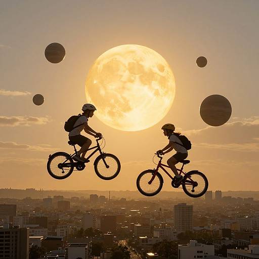 Silhouetted cyclists with backpacks ride against a large, glowing sun and floating planets, over a cityscape at sunset. Digital art.