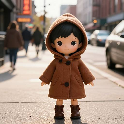Lifelike Doll on Vibrant City Sidewalk