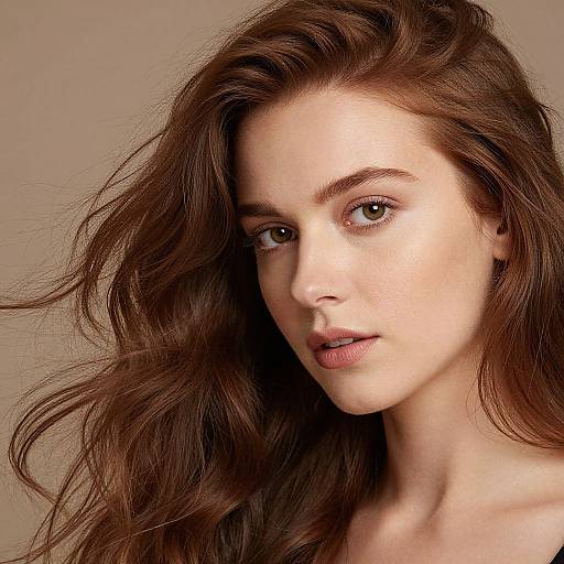 Photograph of a young woman with fair skin, brown wavy hair, green eyes, and subtle makeup, looking intently at the camera against a