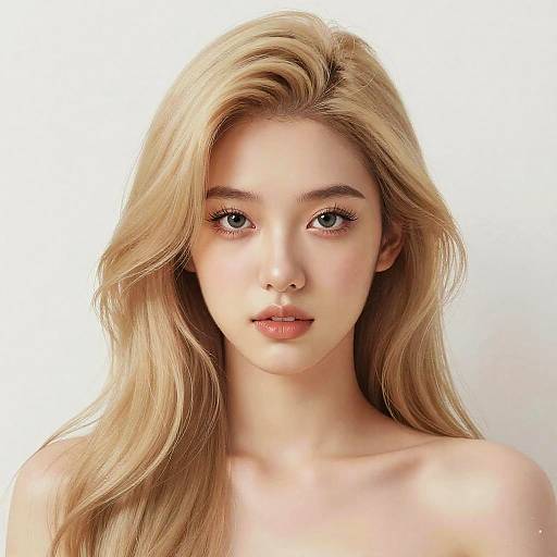 Photorealistic digital portrait of a young, fair-skinned woman with long, wavy blonde hair, blue eyes, and pink lips, against a