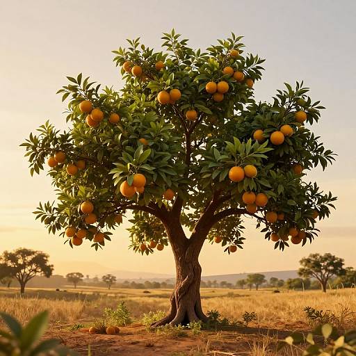 Photograph of a sunlit orange tree laden with ripe oranges, standing in a dry, golden field with distant trees and a sunset sky.