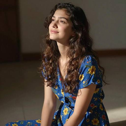 Photograph of a young woman with long, wavy brown hair, wearing a blue floral dress, sitting in soft sunlight, smiling gently.