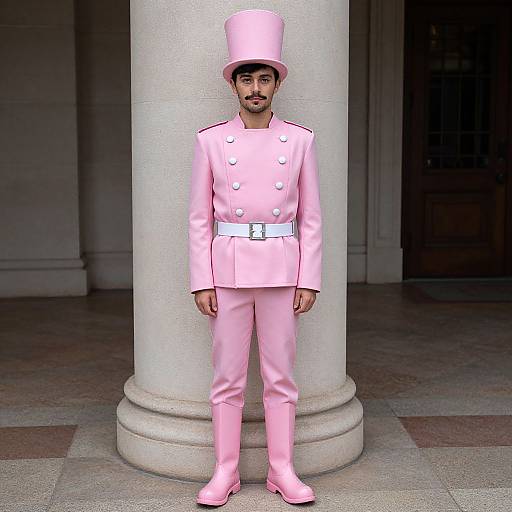 Photorealistic image of a man with medium skin tone, black beard, wearing a bright pink military-style uniform and top hat, standing in front of