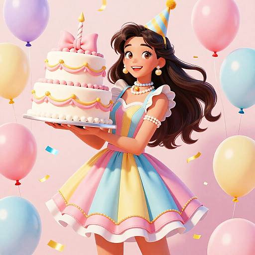 Festive Girl with Giant Colorful Cake