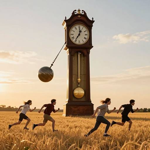 Photograph of four silhouetted children running in a golden wheat field at sunset, chasing a pendulum clock ball towards an antique clock tower in