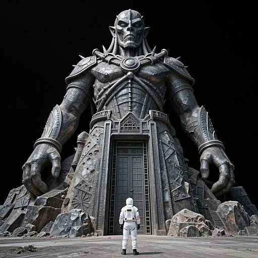 Photograph of a towering, skeletal, armored giant with a skull head, standing against a black background. A small, white-clad figure stands in