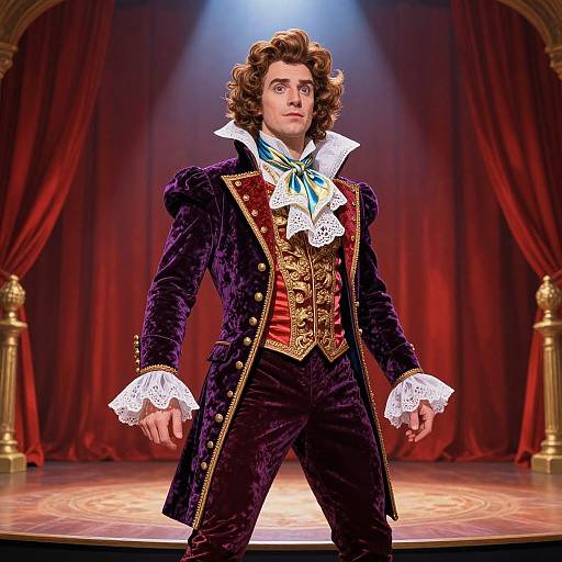 Photograph of a curly-haired man in an 18th-century-style velvet coat, white lace cuffs, red waistcoat, and blue ribbon, standing