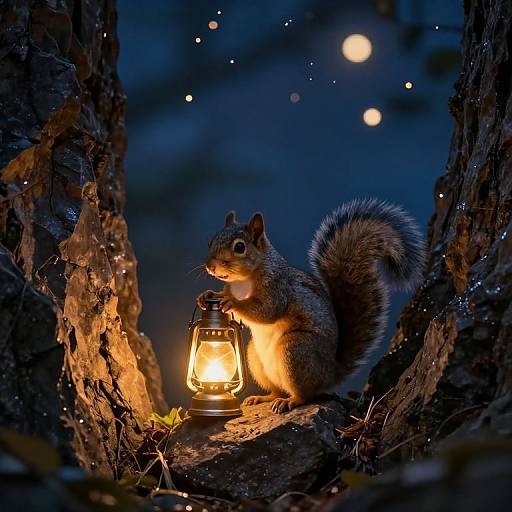 Photograph of a cute, fluffy gray squirrel holding a lit lantern, illuminating its fur in a dark, blue-toned forest at night.