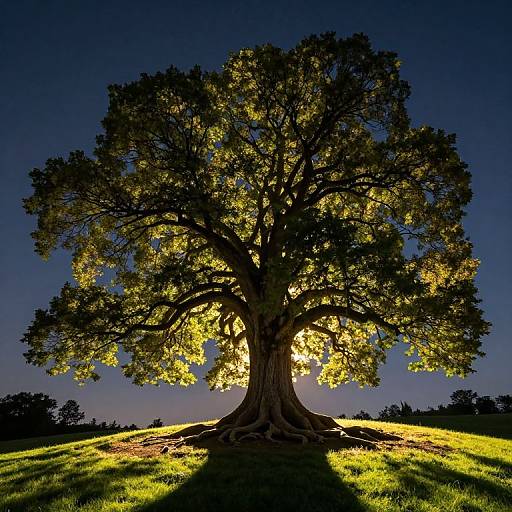 Photograph of a large, silhouetted tree with glowing yellow leaves against a deep blue evening sky, standing on a grassy hill.