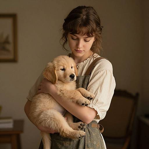Photograph of a young woman with brown hair, wearing a white blouse and green dress, gently holding a fluffy golden puppy in a softly lit, vintage