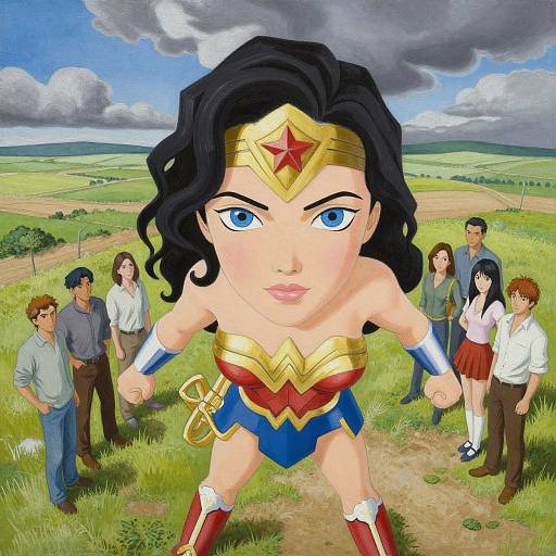 Digital art of a large, cartoon-style Wonder Woman in front of small, realistic people in a grassy, countryside field with cloudy sky.