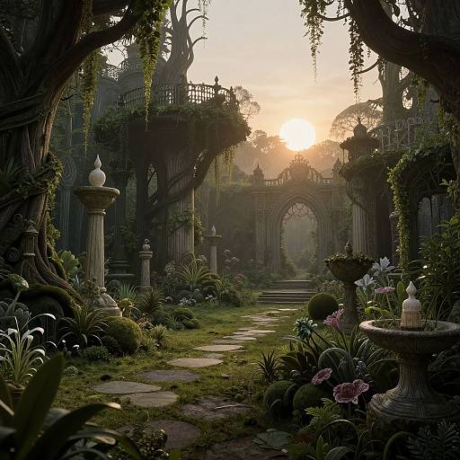 Photorealistic digital artwork of a lush, overgrown garden with ancient, arched stone bridges, ornate fountains, and sunlit, mist