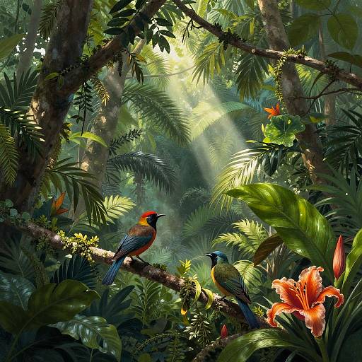 Vibrant digital painting of a lush jungle with sunlight filtering through dense foliage. Brightly colored birds, red-orange flowers, and green leaves create a