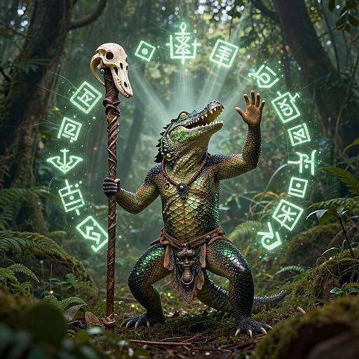 Digital artwork of a green-scaled, muscular crocodile wizard in forest, holding a skull-topped staff, casting glowing runes with raised hand.