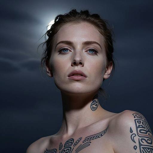 Photograph of a topless woman with blue eyes, light skin, and dark hair, illuminated by moonlight against a dark, cloudy sky. She