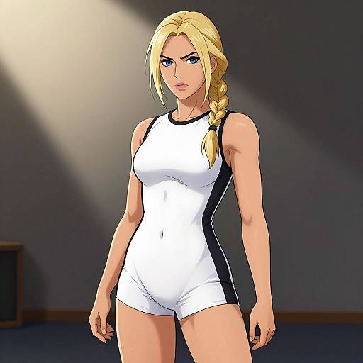 Digital anime-style drawing of a blonde, blue-eyed woman in a white and black tankini, standing in a dimly lit room.