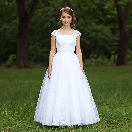 Photograph of a young woman with light brown hair, wearing a white, lace-trimmed, ankle-length wedding dress, standing on grass in a